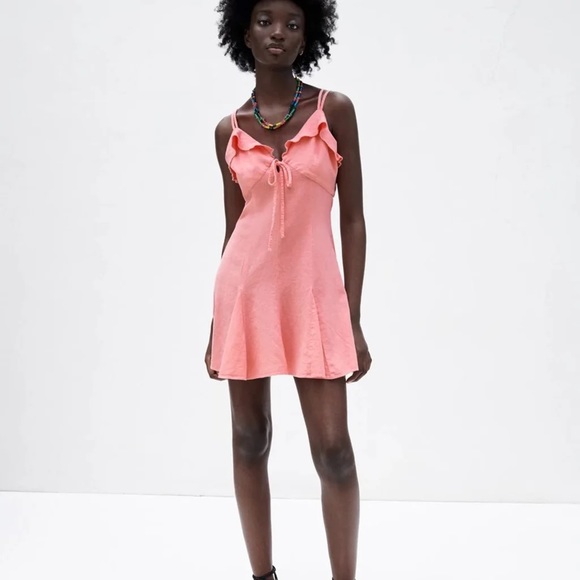 New Zara Chic Coral Pink Linen Blend Mini Dress NWT - Picture 2 of 8